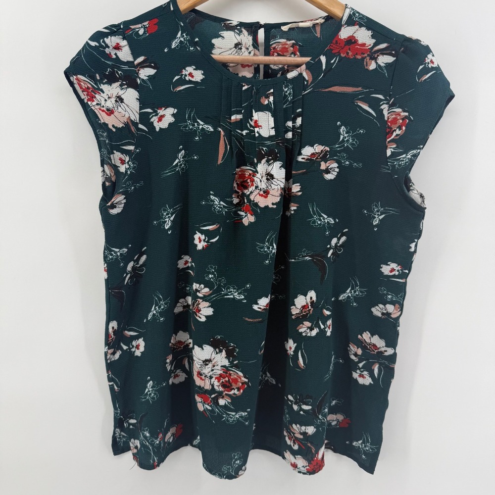 Fun 2 Fun Green Floral Cap Sleeve Pleated Blouse Top M
